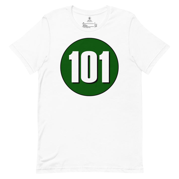 Unisex t-shirt: White on Hunter Green 101