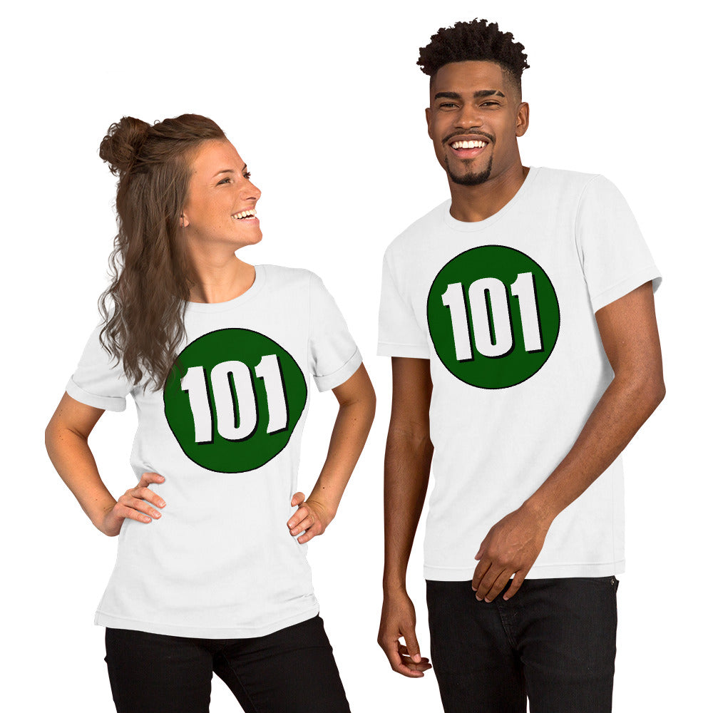 Unisex t-shirt: White on Hunter Green 101