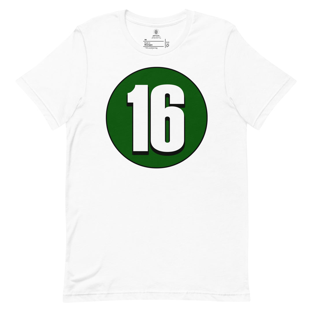 Unisex t-shirt: White on Hunter Green 16