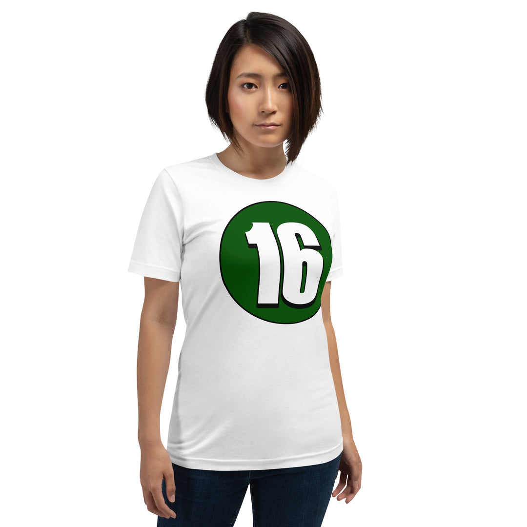 Unisex t-shirt: White on Hunter Green 16