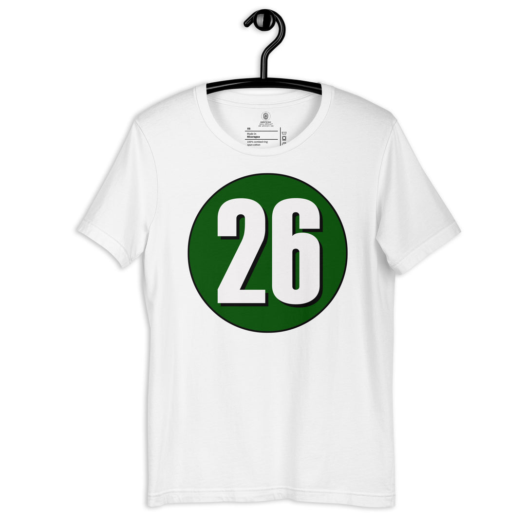 Unisex t-shirt: White on Hunter Green 26