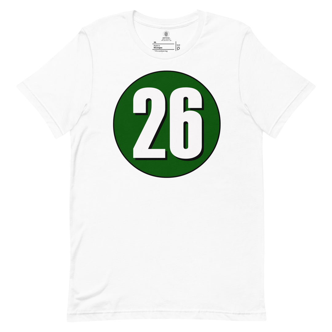 Unisex t-shirt: White on Hunter Green 26