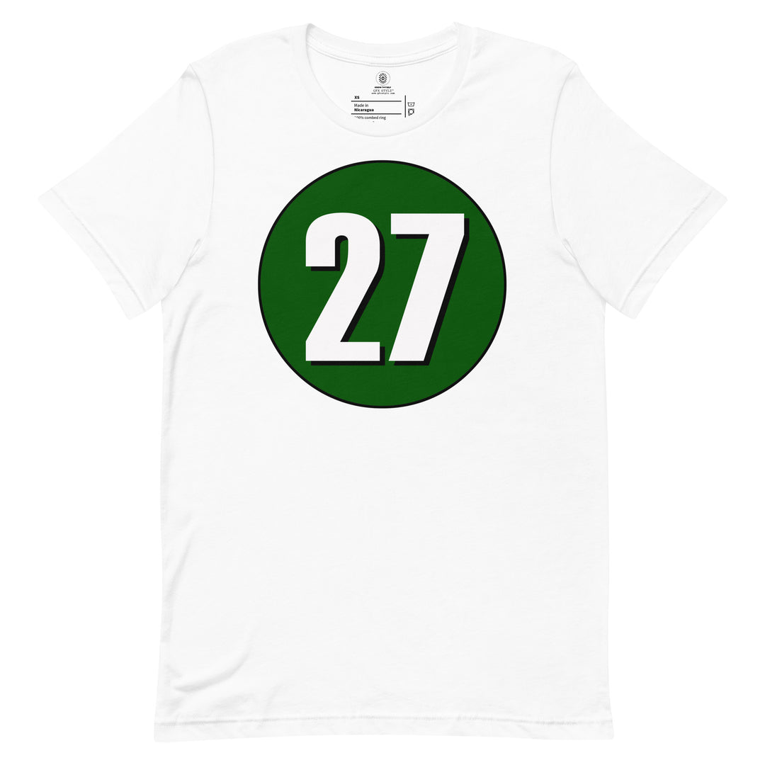 Unisex t-shirt: White on Hunter Green 27