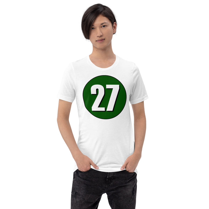 Unisex t-shirt: White on Hunter Green 27