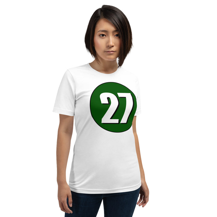 Unisex t-shirt: White on Hunter Green 27