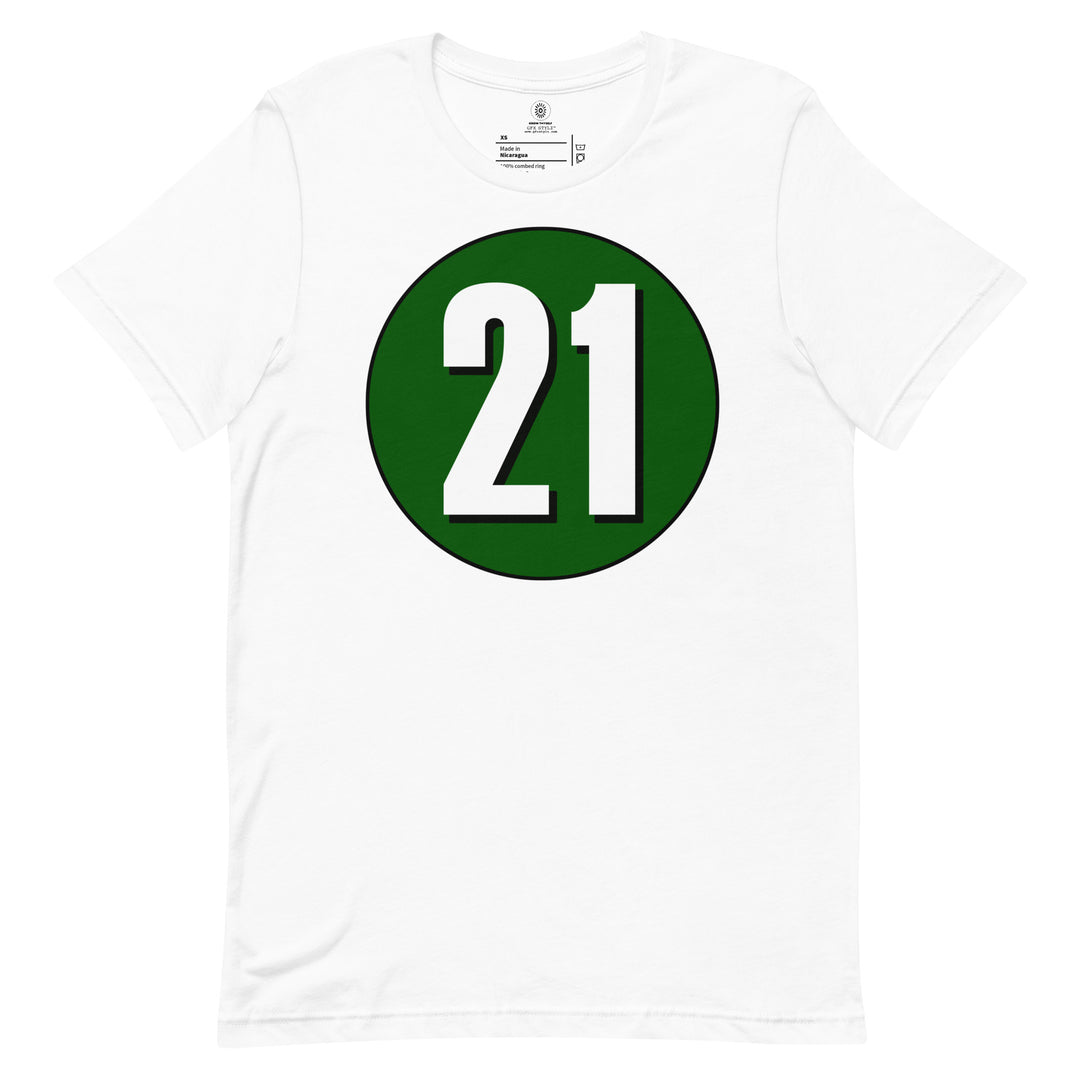 Unisex t-shirt: White on Hunter Green 21