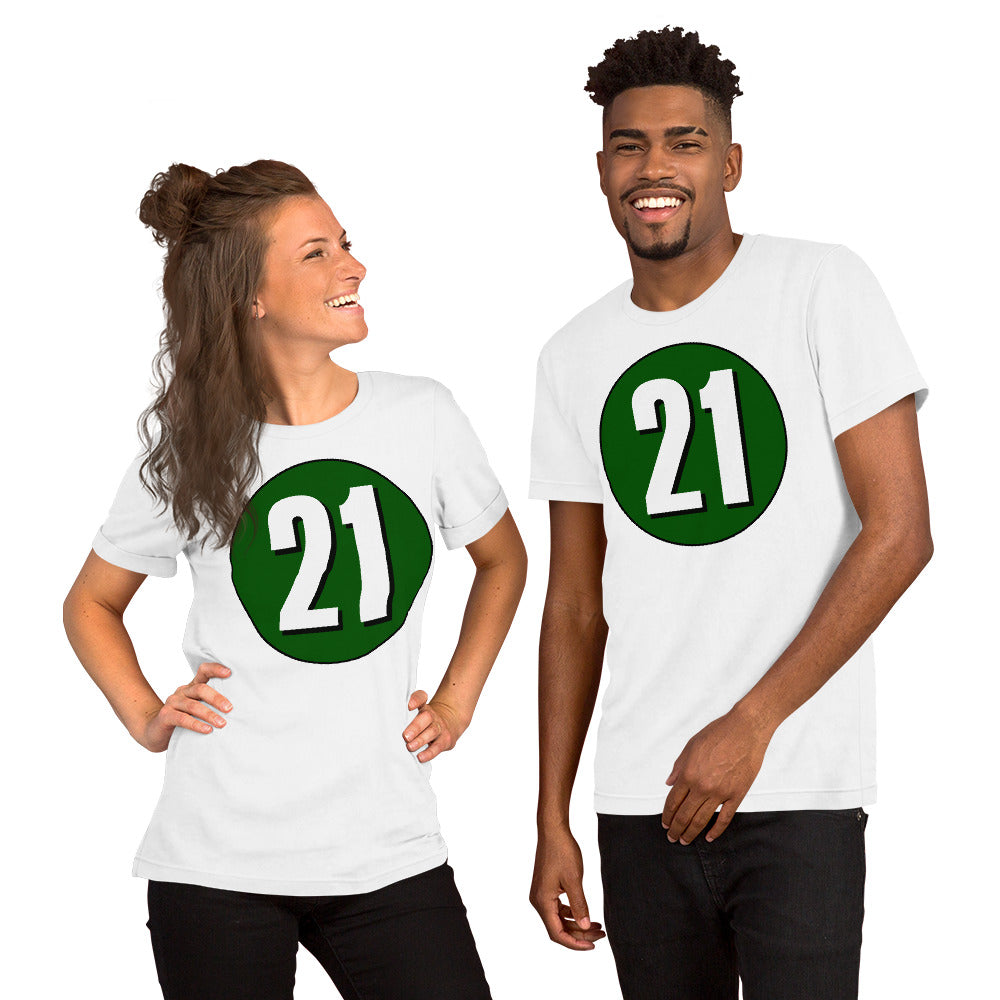 Unisex t-shirt: White on Hunter Green 21