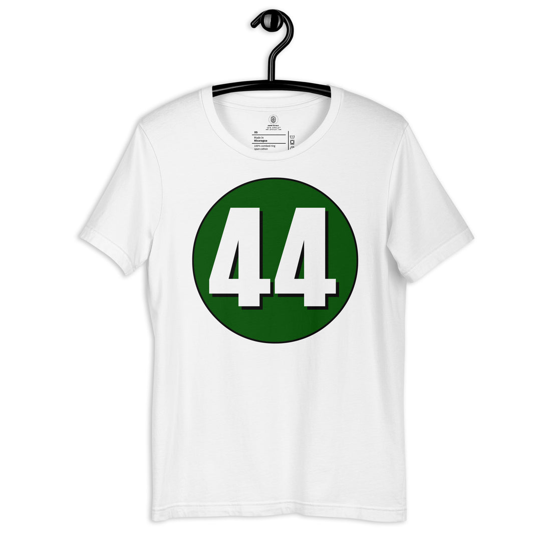 Unisex t-shirt: White on Hunter Green 44