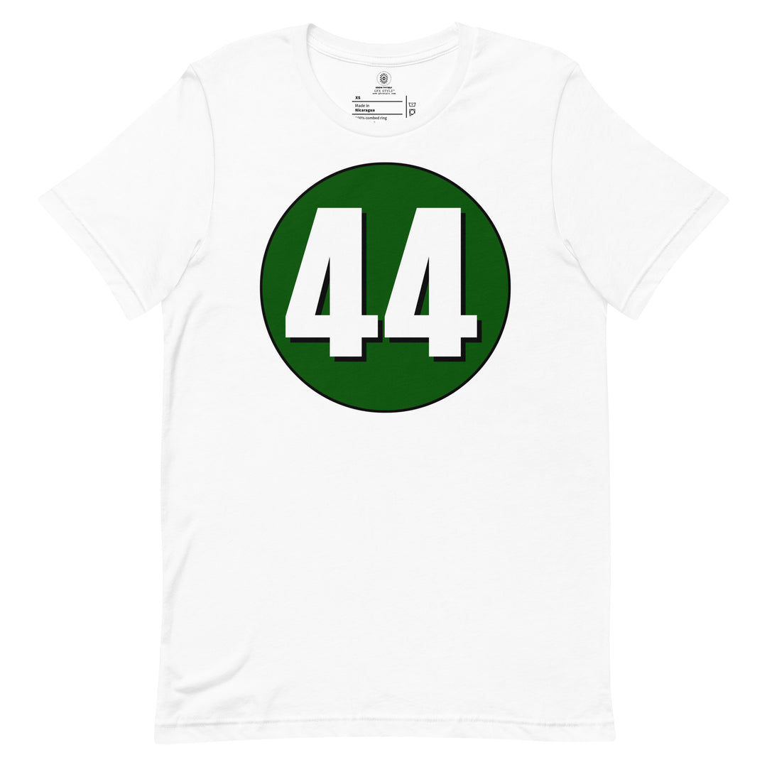 Unisex t-shirt: White on Hunter Green 44