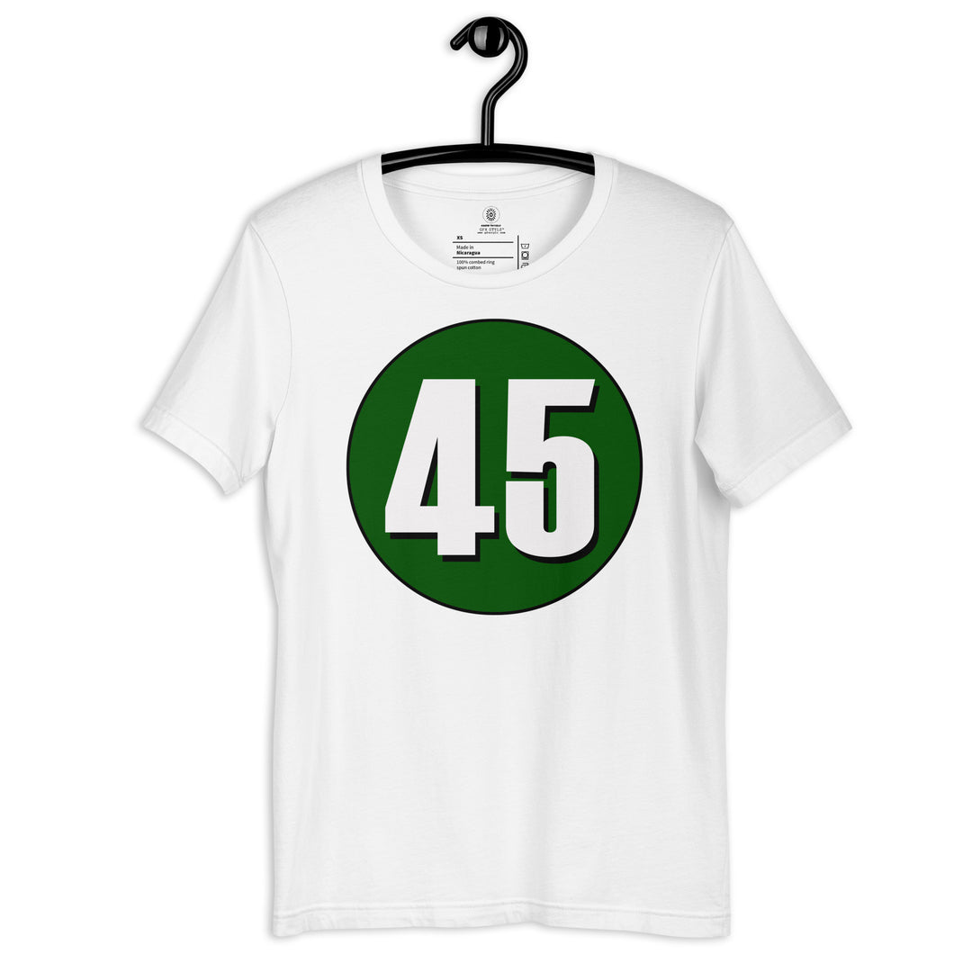 Unisex t-shirt: White on Hunter Green 45