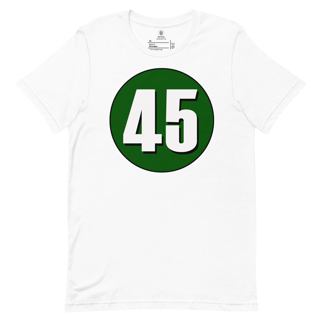 Unisex t-shirt: White on Hunter Green 45