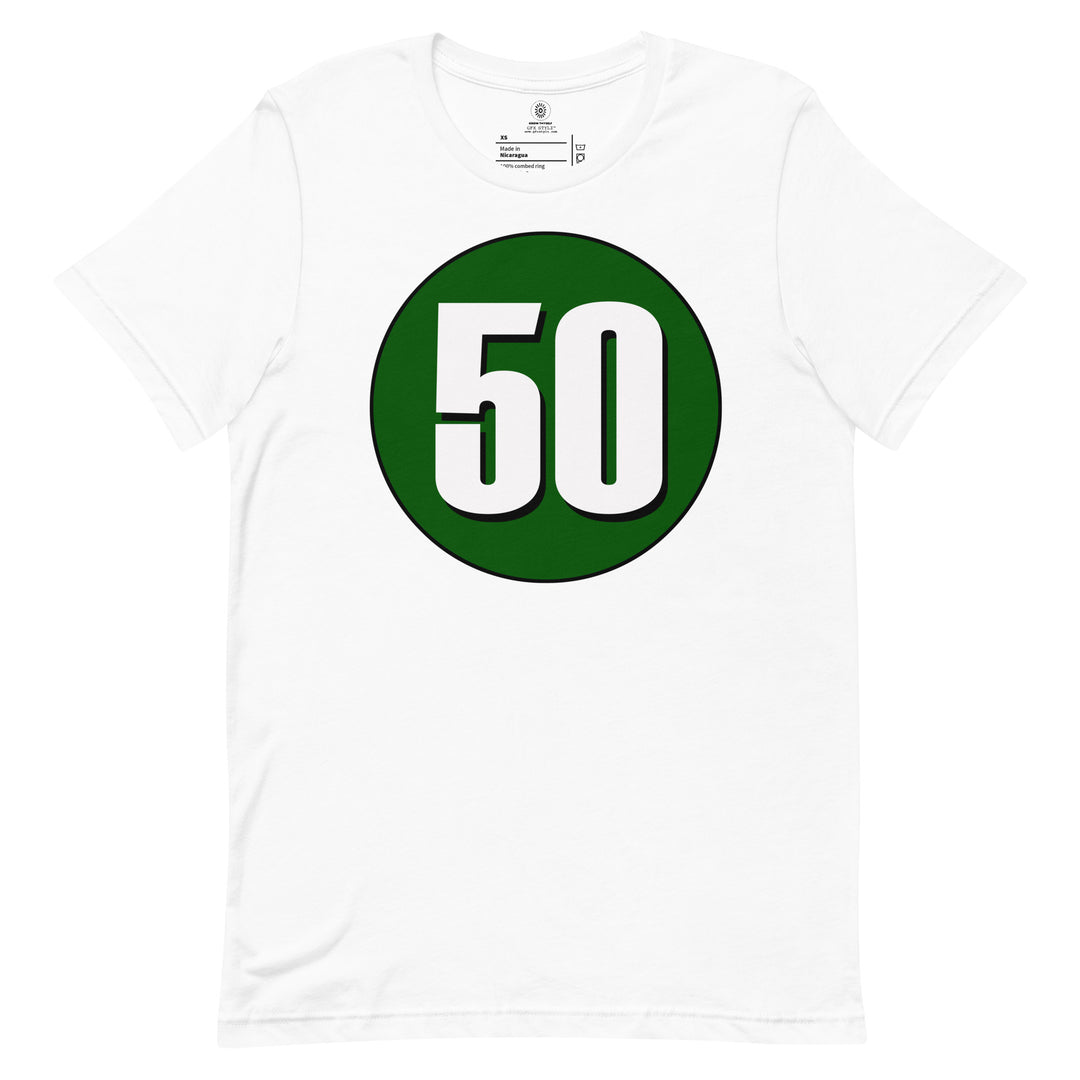 Unisex t-shirt: White on Hunter Green 50