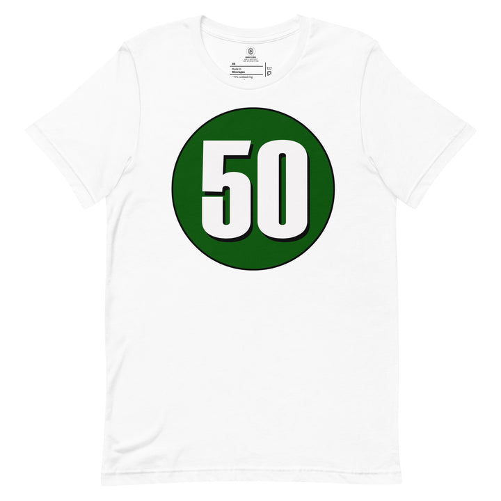 Unisex t-shirt: White on Hunter Green 50