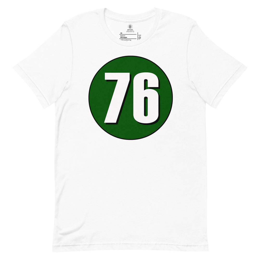 Unisex t-shirt: White on Hunter Green 76