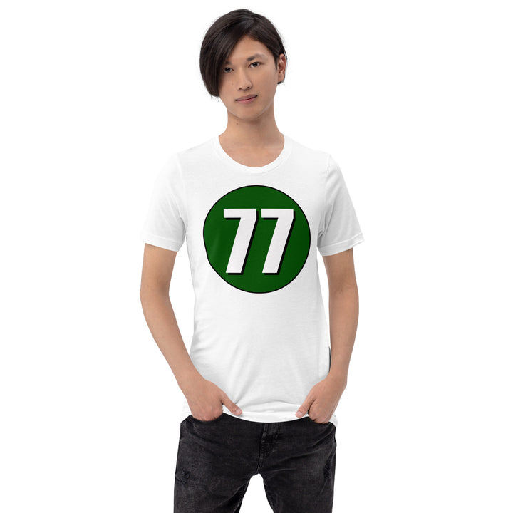 Unisex t-shirt: White on Hunter Green 77