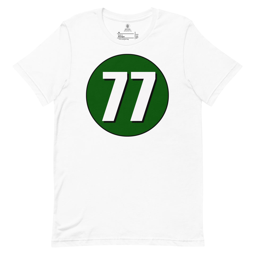 Unisex t-shirt: White on Hunter Green 77