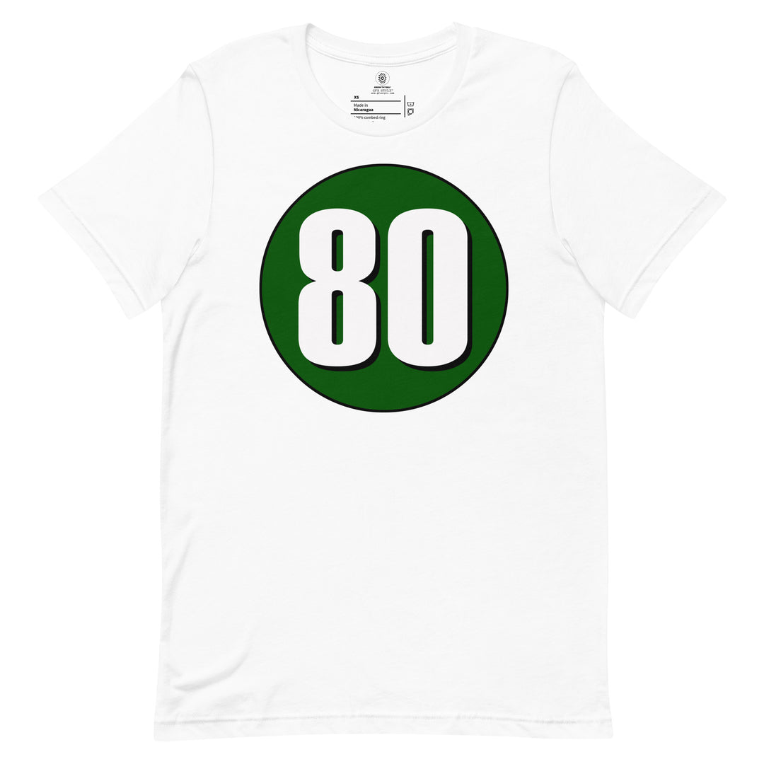 Unisex t-shirt: White on Hunter Green 80