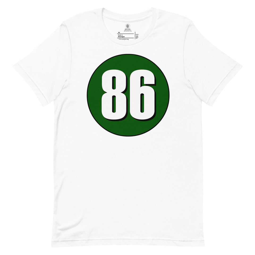 Unisex t-shirt: White on Hunter Green 86