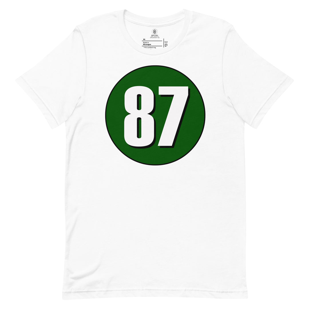 Unisex t-shirt: White on Hunter Green 87