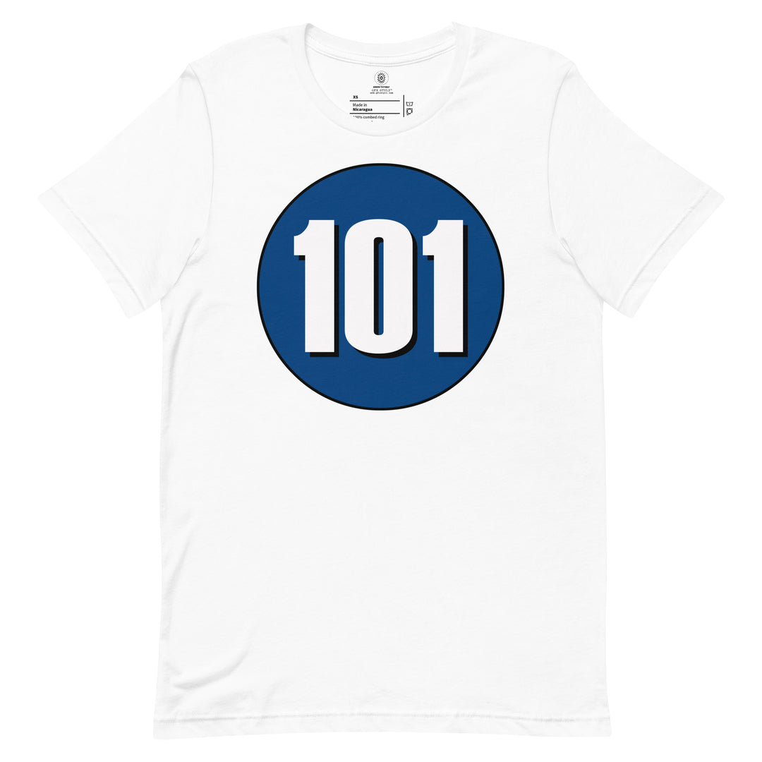 Unisex t-shirt: White on Navy Blue 101