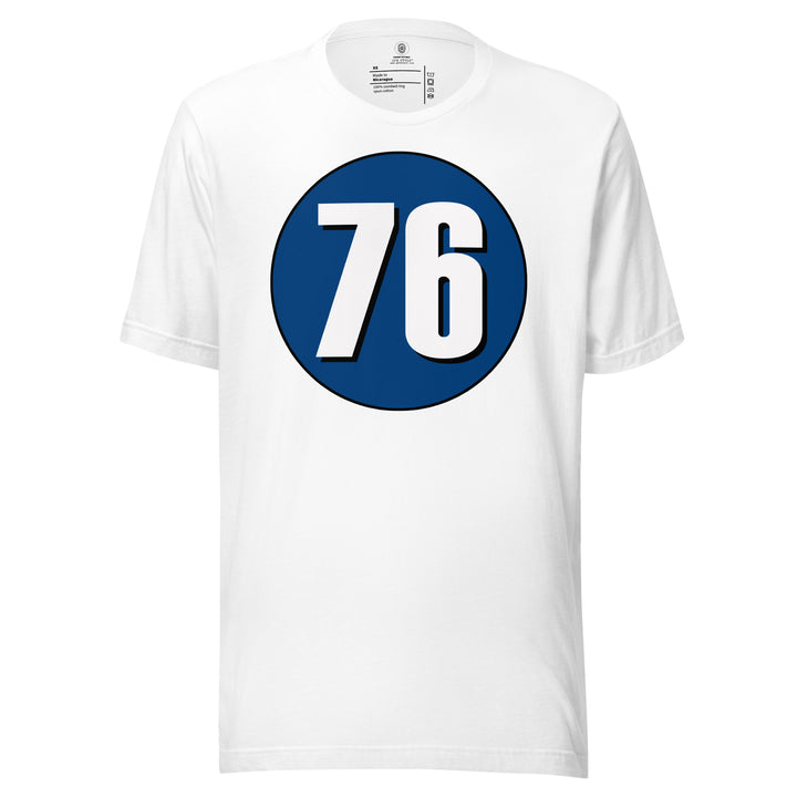 Unisex t-shirt: White on Navy Blue 76