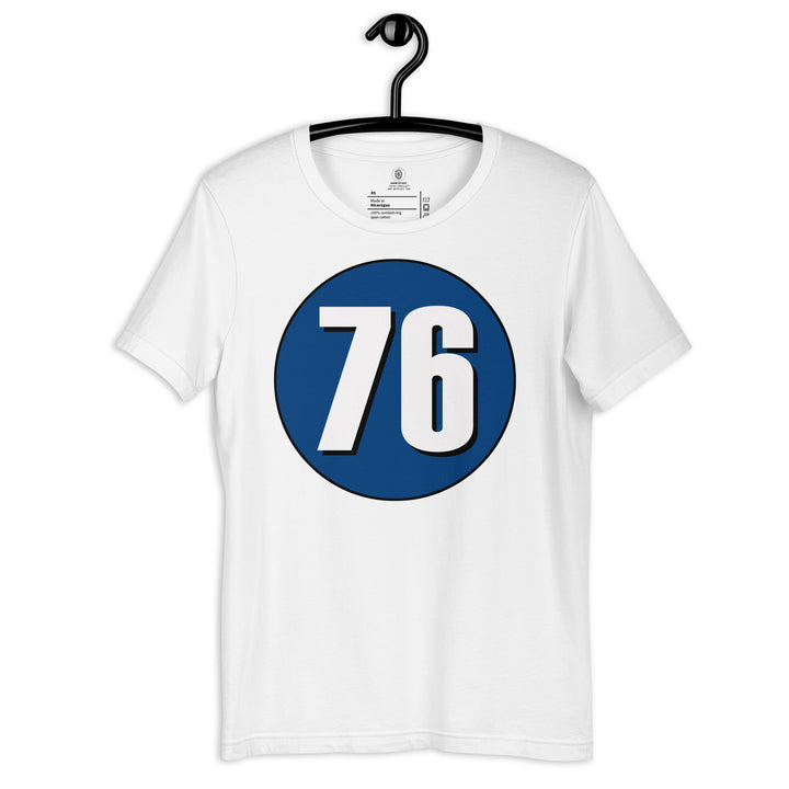 Unisex t-shirt: White on Navy Blue 76