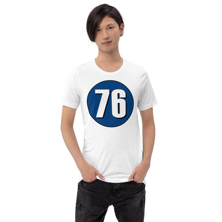 Unisex t-shirt: White on Navy Blue 76