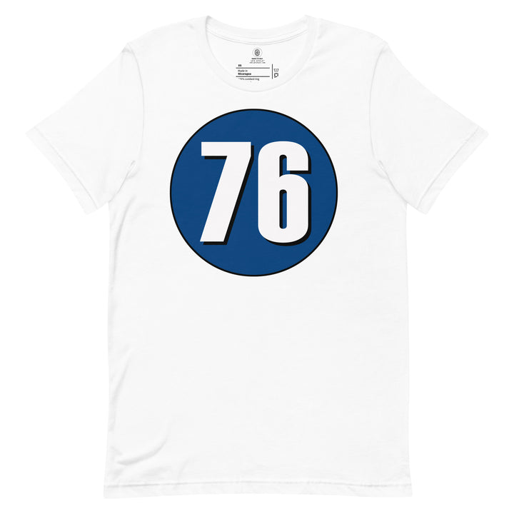 Unisex t-shirt: White on Navy Blue 76