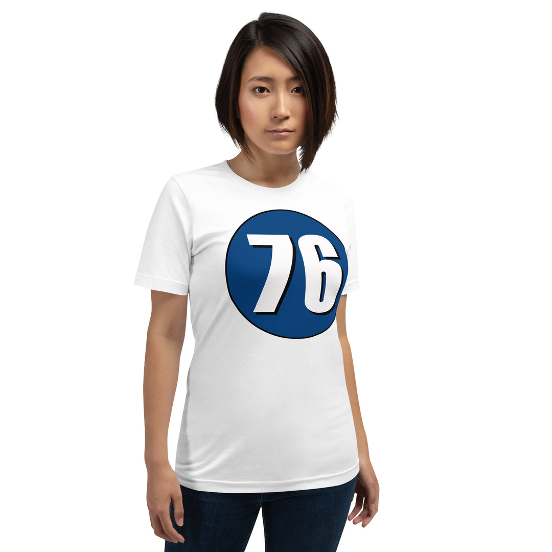 Unisex t-shirt: White on Navy Blue 76