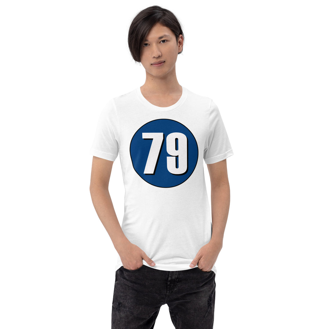 Unisex t-shirt: White on Navy Blue 79