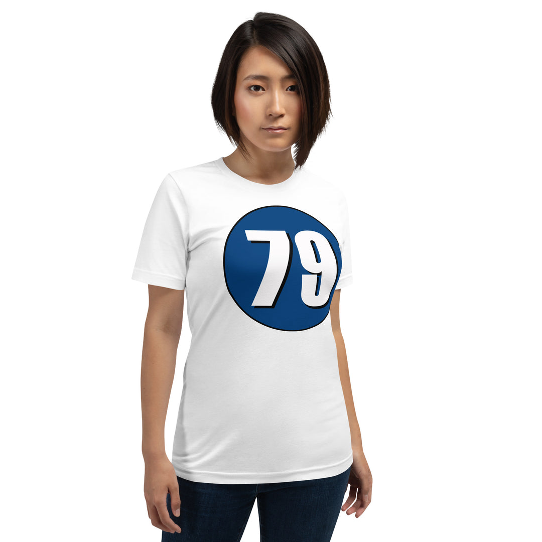 Unisex t-shirt: White on Navy Blue 79