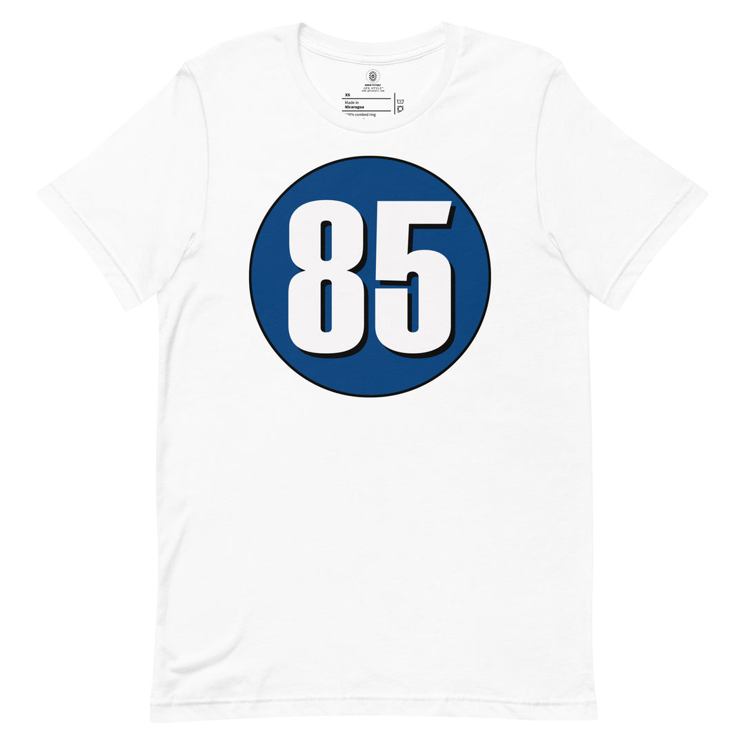 Unisex t-shirt: White on Navy Blue 85