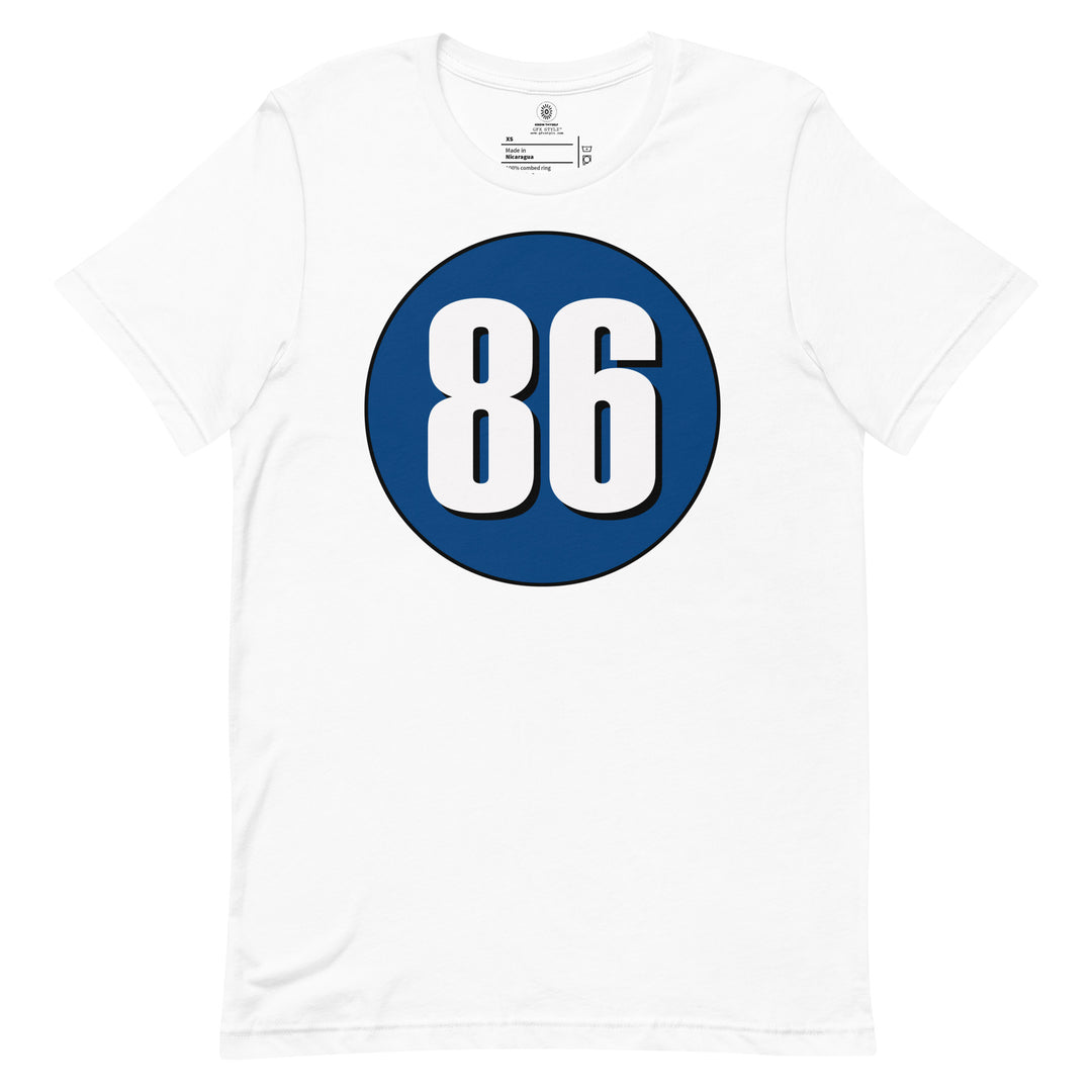 Unisex t-shirt: White on Navy Blue 86