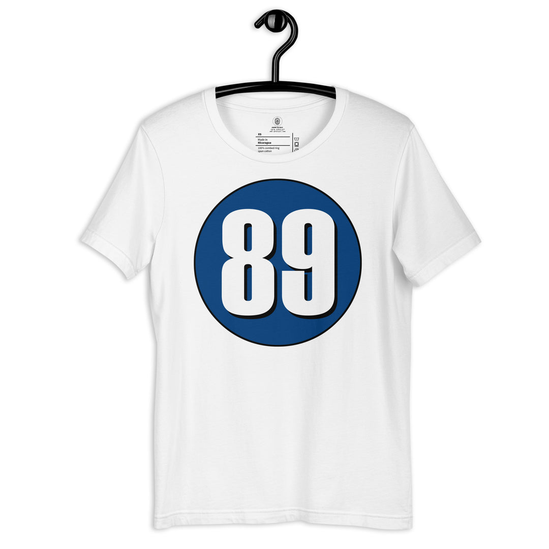 Unisex t-shirt: White on Navy Blue 89