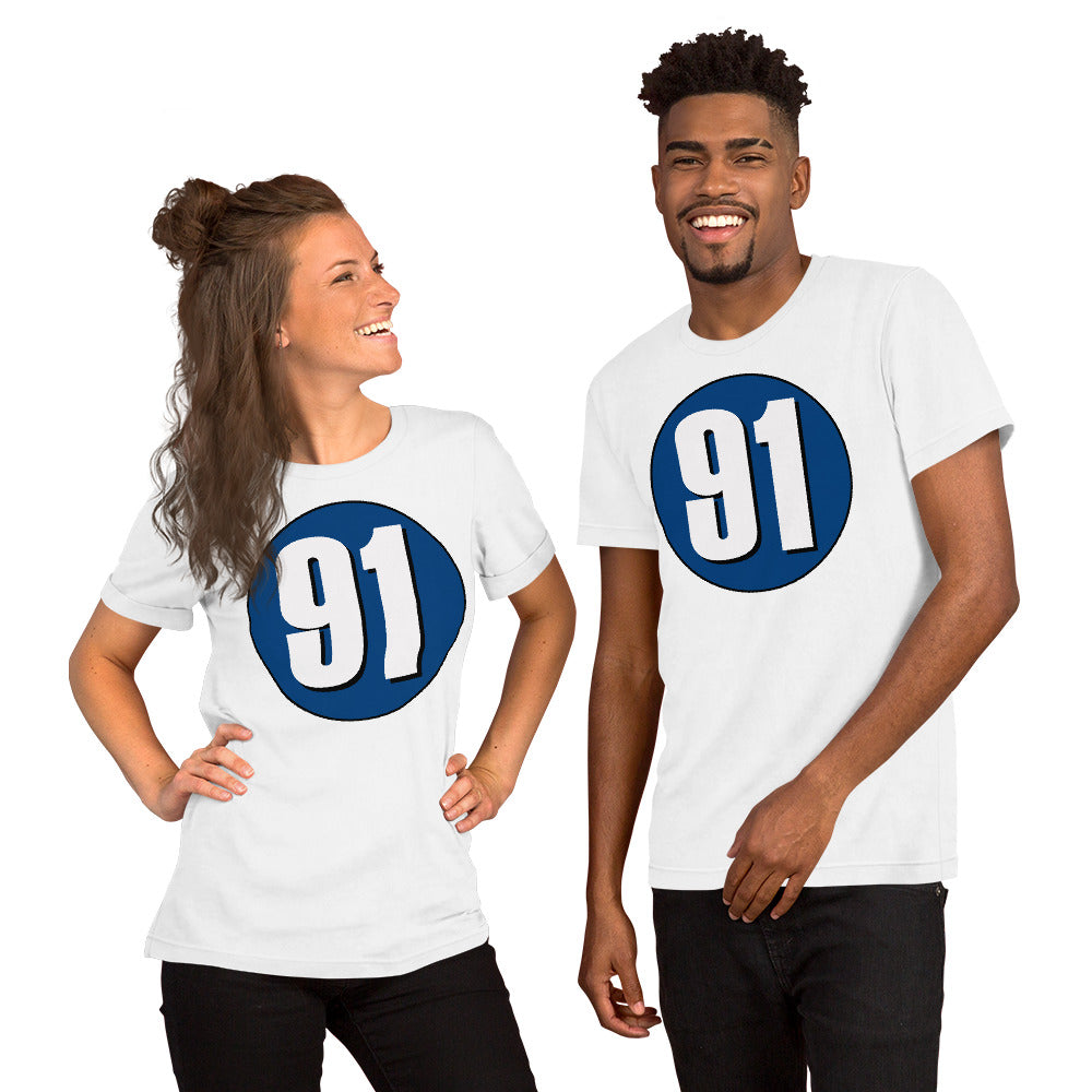 Unisex t-shirt: White on Navy Blue 91