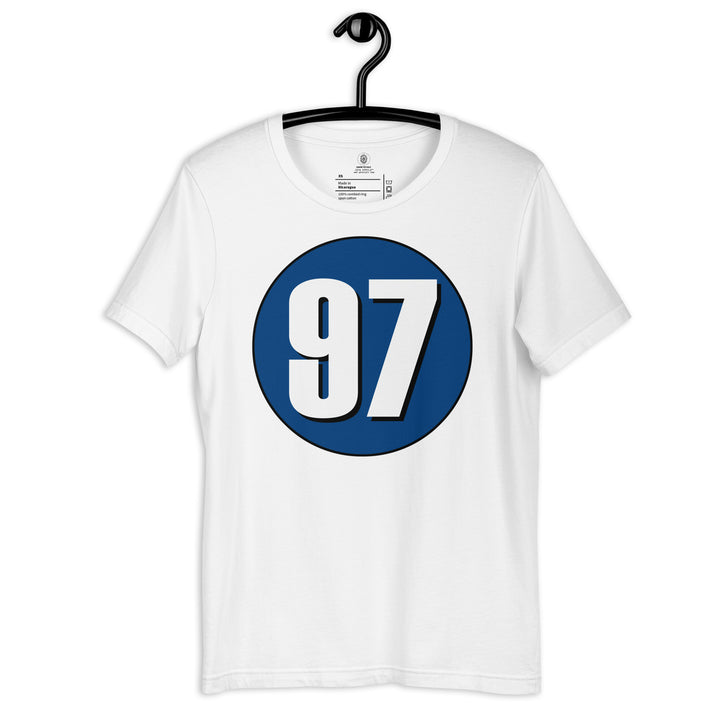 Unisex t-shirt: White on Navy Blue 97