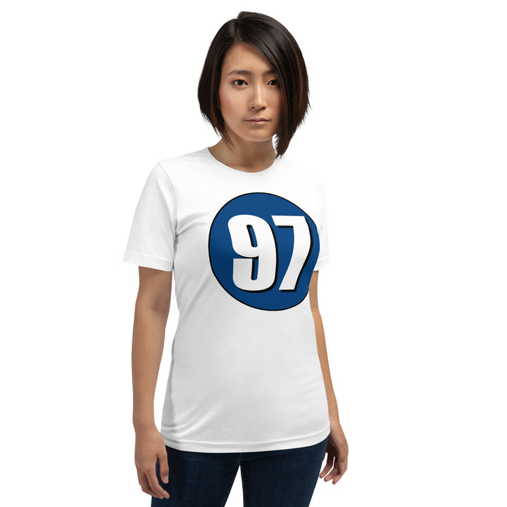 Unisex t-shirt: White on Navy Blue 97