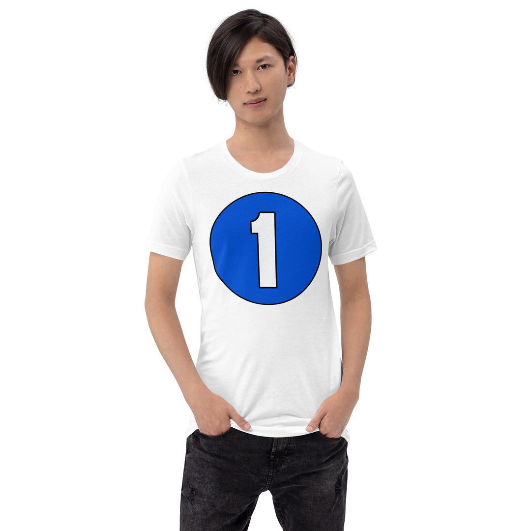 Unisex t-shirt: White on Periwinkle 1