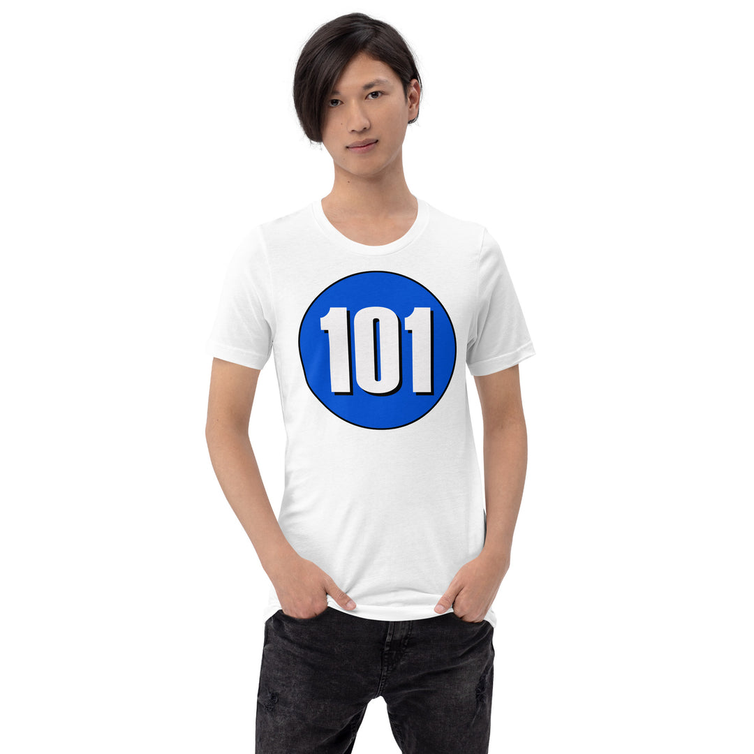 Unisex t-shirt: White on Periwinkle 101