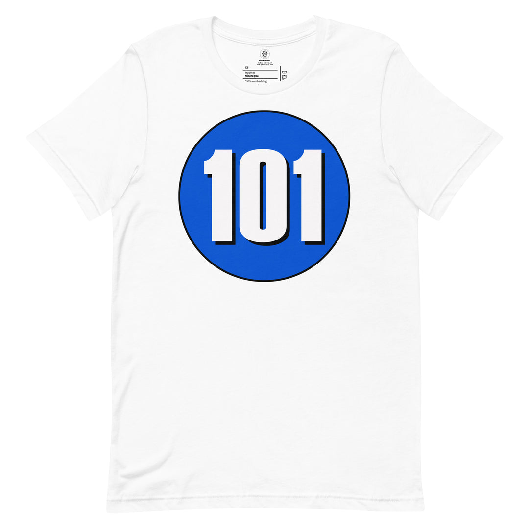 Unisex t-shirt: White on Periwinkle 101