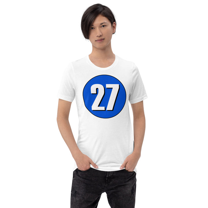 Unisex t-shirt: White on Periwinkle 27