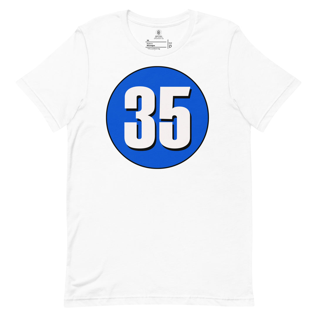 Unisex t-shirt: White on Periwinkle 35