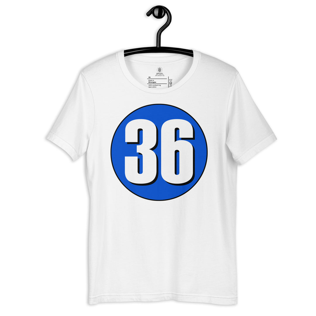 Unisex t-shirt: White on Periwinkle 36