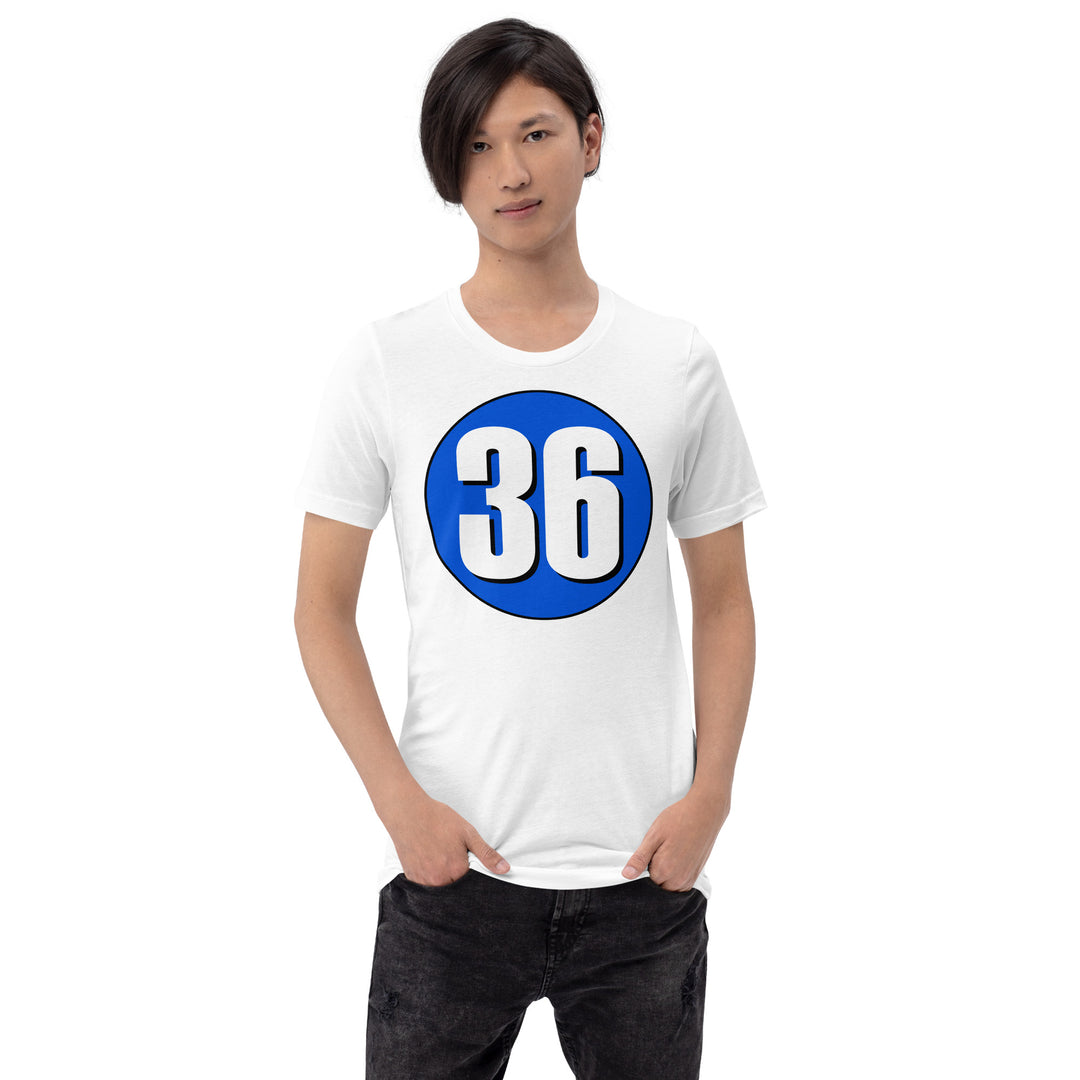 Unisex t-shirt: White on Periwinkle 36