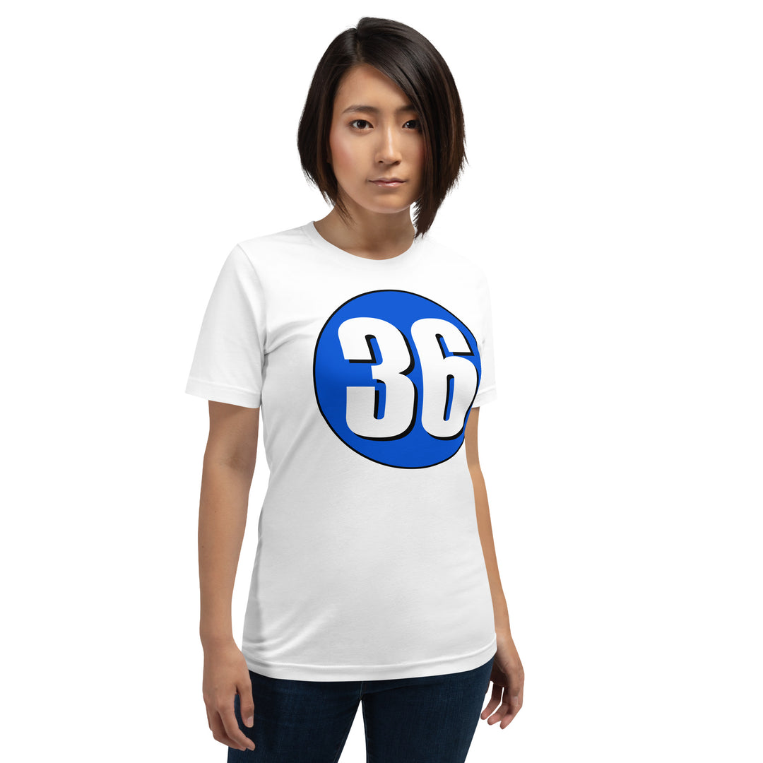 Unisex t-shirt: White on Periwinkle 36