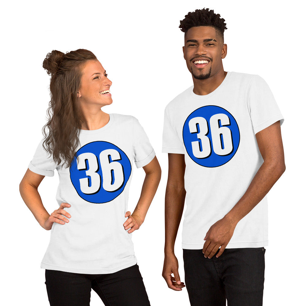 Unisex t-shirt: White on Periwinkle 36