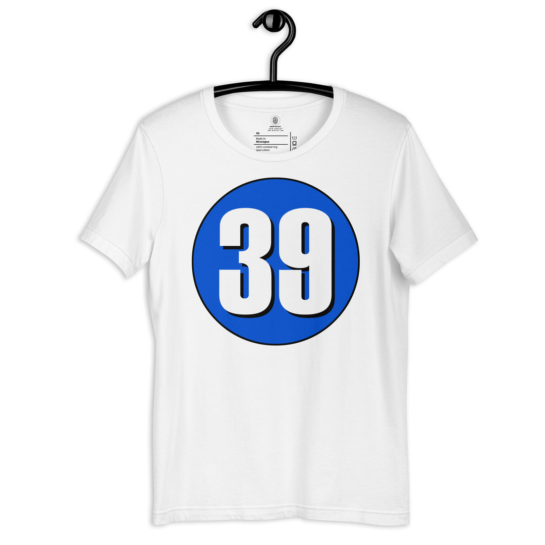 Unisex t-shirt: White on Periwinkle 39