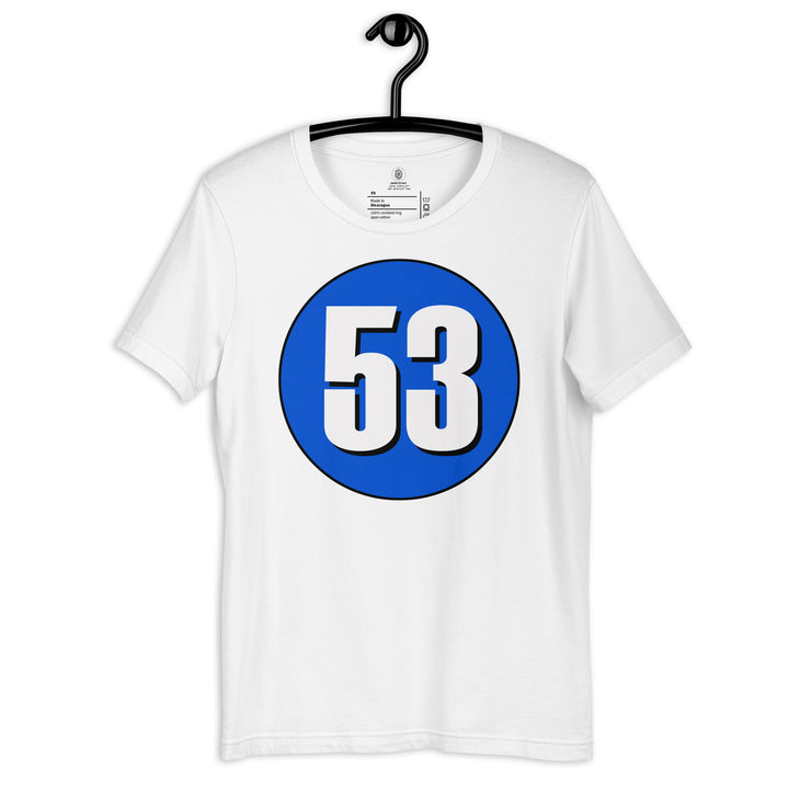 Unisex t-shirt: White on Periwinkle 53