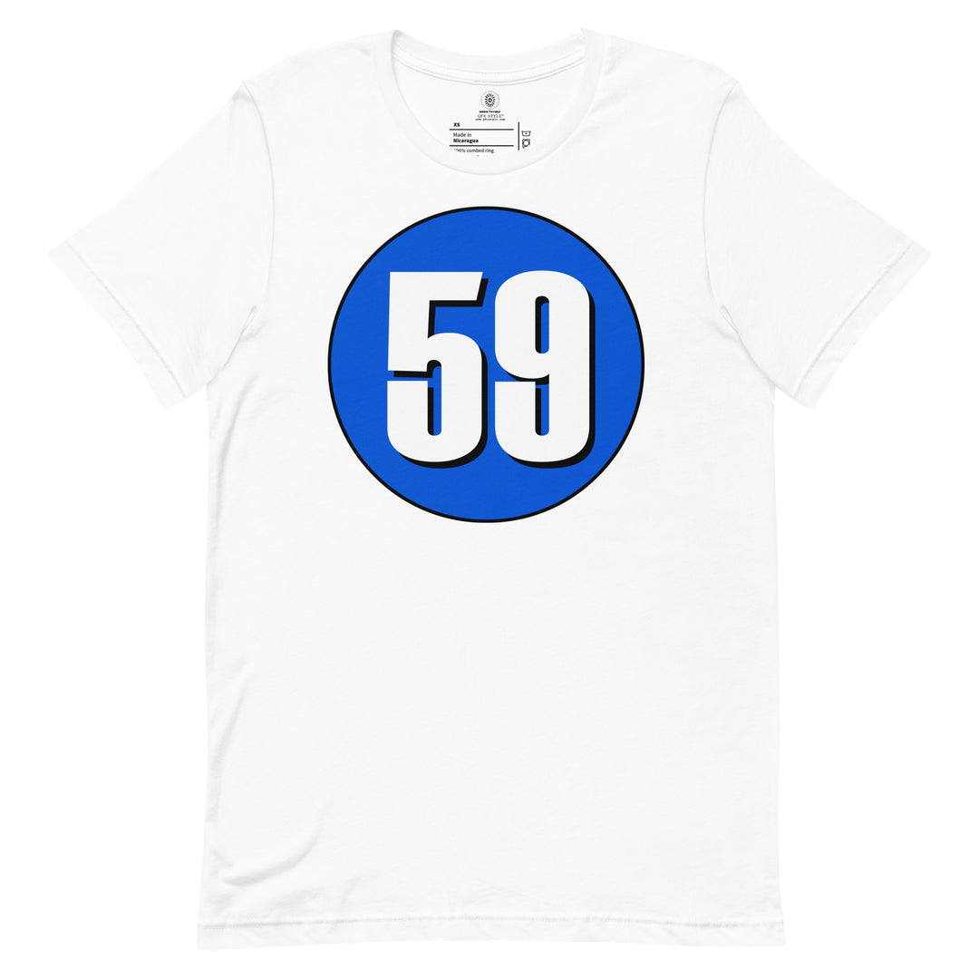 Unisex t-shirt: White on Periwinkle 59