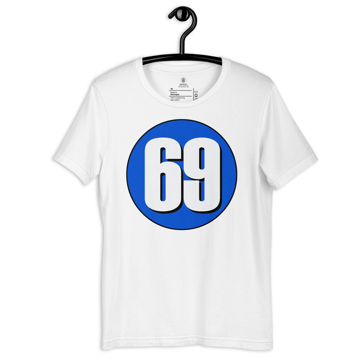 Unisex t-shirt: White on Periwinkle 69